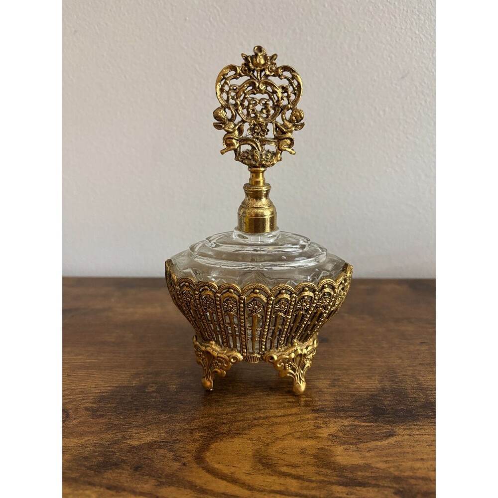 Vintage Ormolu Gold Filigree Glass Vanity Perfume Bottle w/Glass stick Dauber